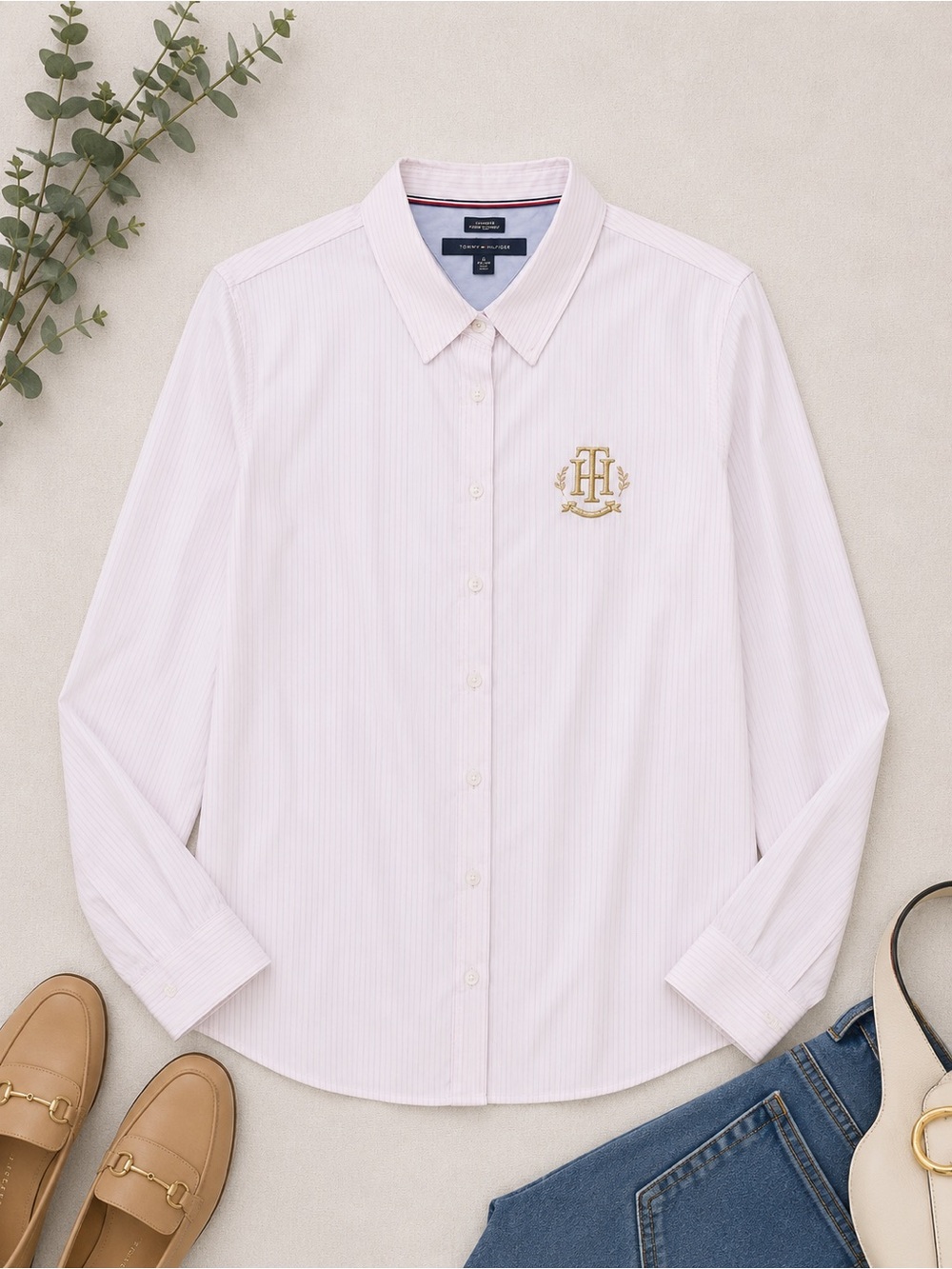 💗🤍Tommy Hilfiger Women’s Pink & White Stripe Button Front Shirt XL Classic Fit💗🤍